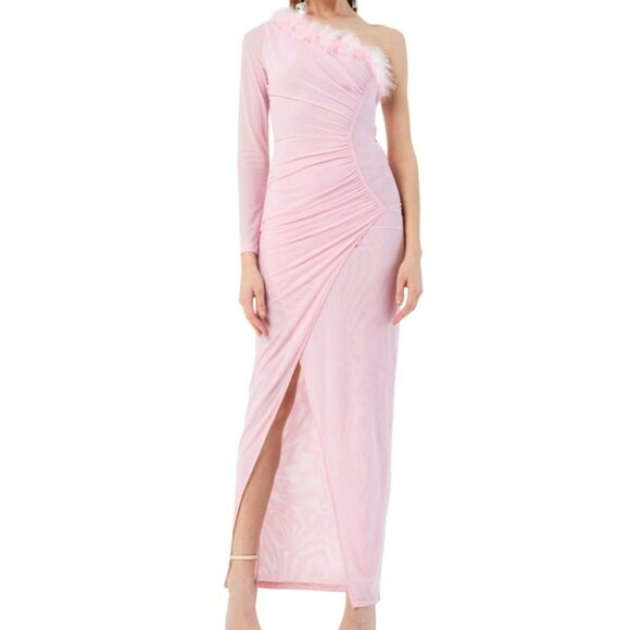 KikiRiki Feathered One Shoulder Front Slit Long Dress Pink Size Small NWT - Picture 1 of 3